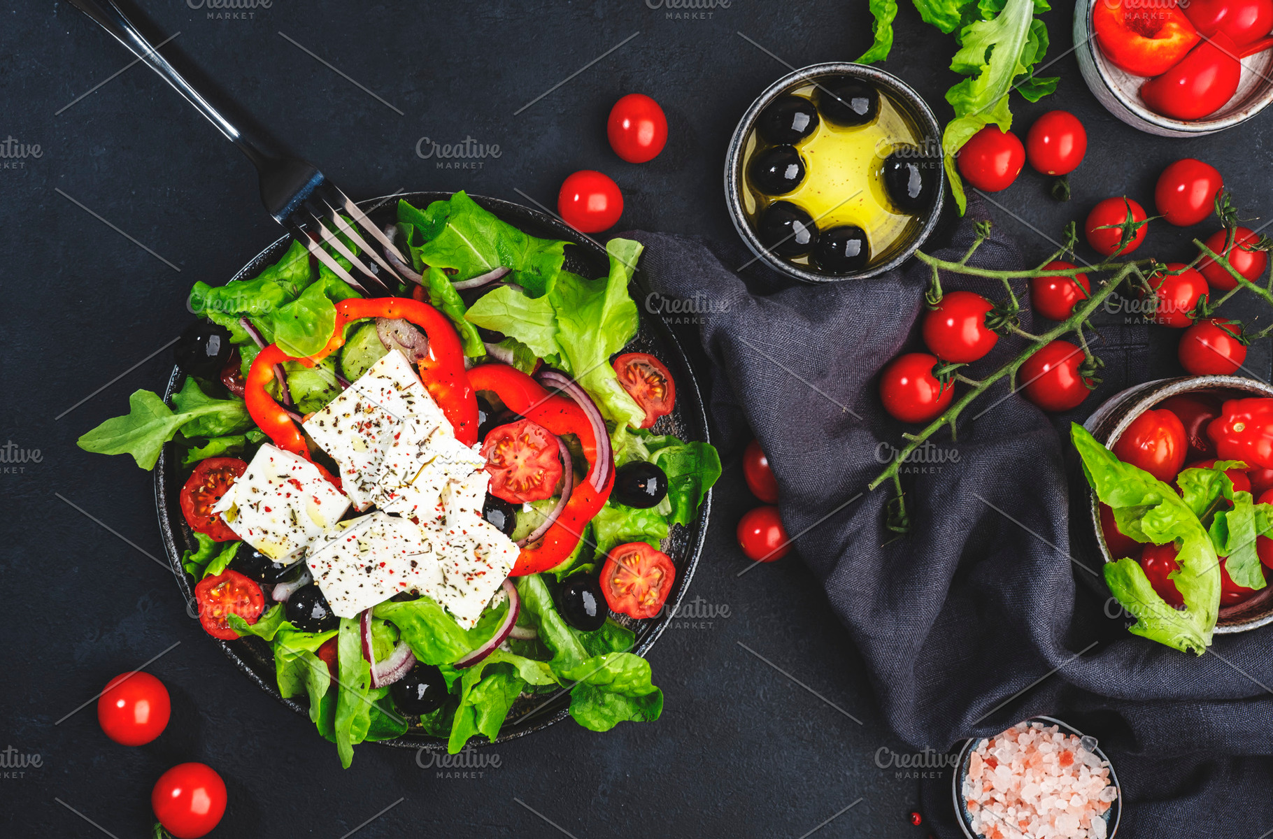 Greek salad with feta cheese, black olives, tomatoes, paprika, c, a Food & Drink Photo by 5PH