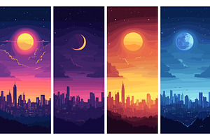 Cityscapes day night sunset cartoon, an Object Illustration by Onyx
