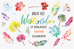 Creative set of 17 watercolor leaves