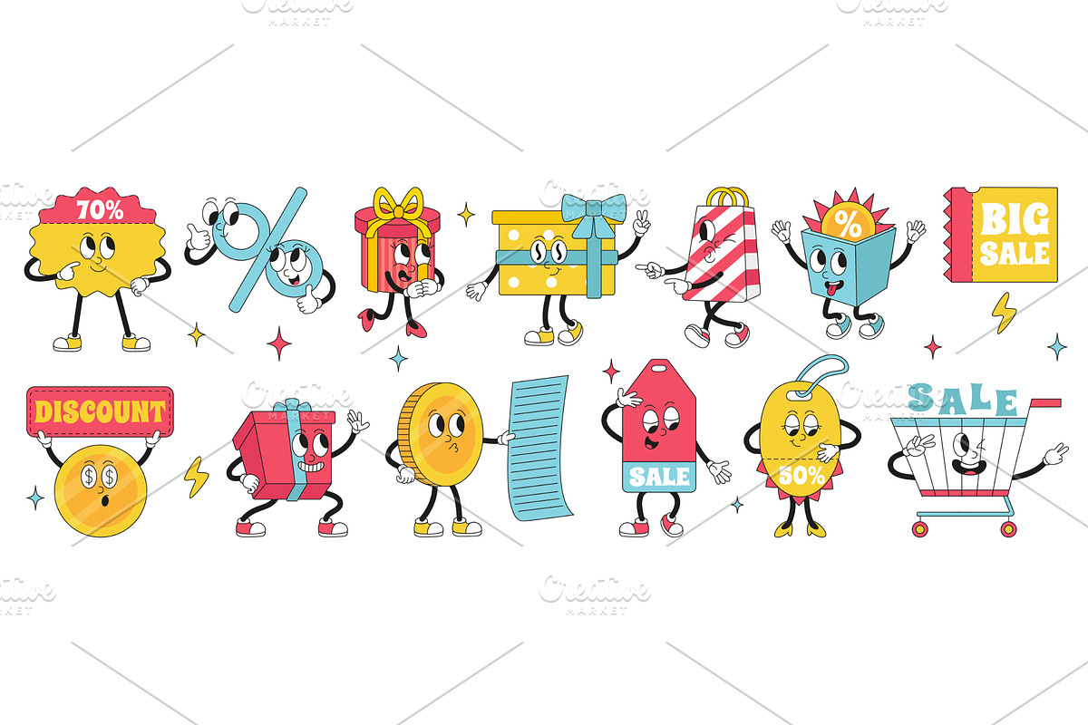 Retro sale characters. Groovy, a Finance Illustration by Valerie Bodnar