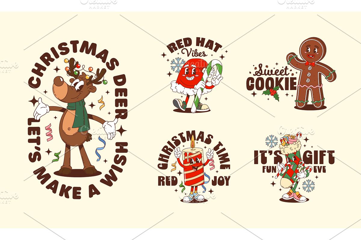 Christmas groovy character stickers, a Seasonal Illustration by Buch&Bee