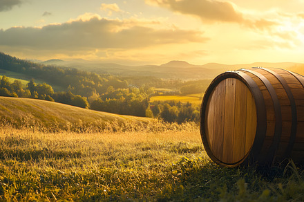Wooden wine barrel on hillside at golden sunset, a Food & Drink Photo by Photostock