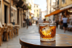 Alcoholic cocktail with ice cubes on table of italian sidewalk cafe, a Food & Drink Photo by AlyaAnd