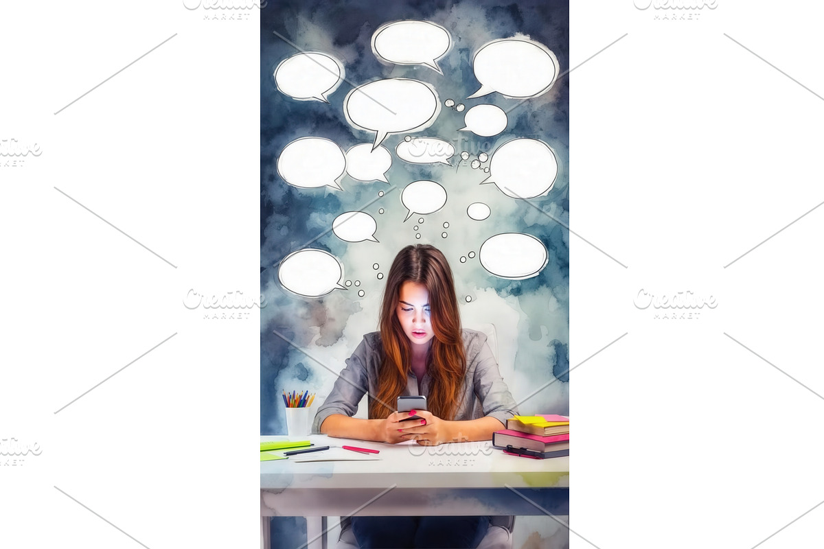 Young woman using smartphone at desk, an Illustration by tilialucida