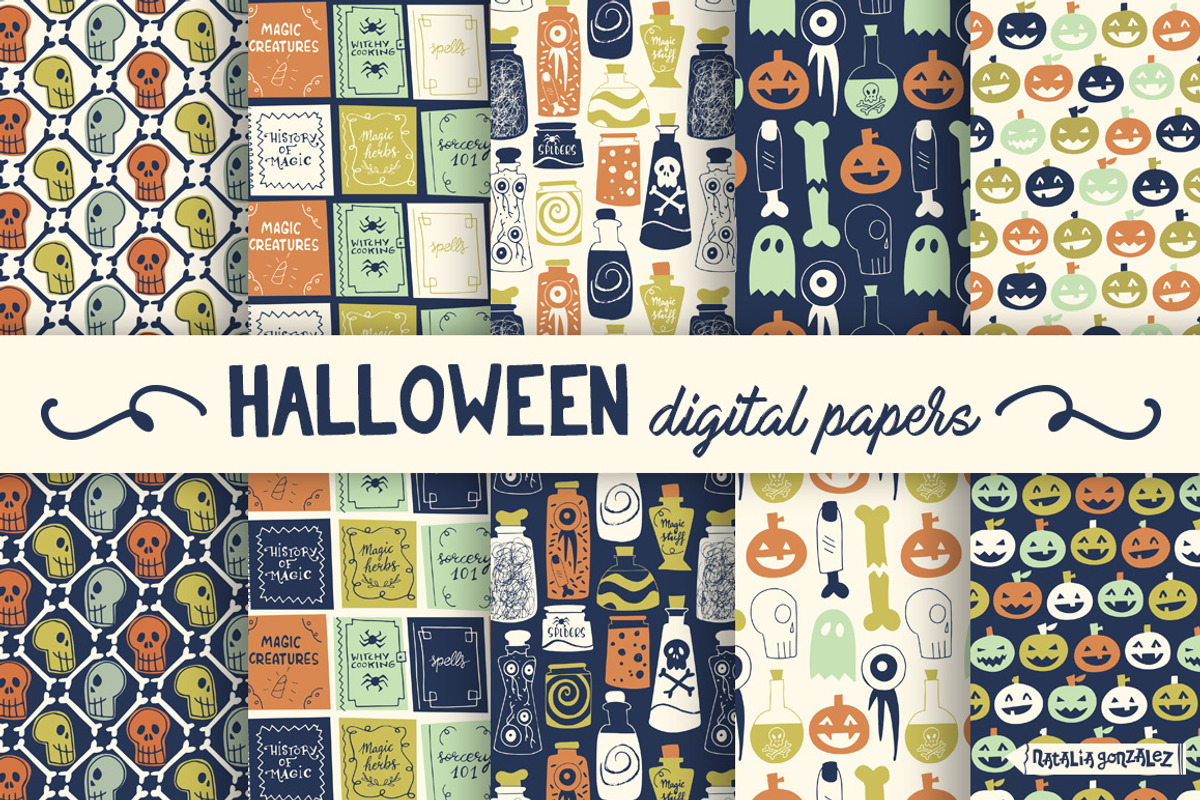 Halloween retro digital papers blue, a Graphic by Natalia Gonzalez (Photo 1 of 4)
