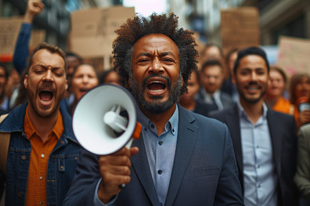 Diverse Group of Professionals Protesting with Signs, a Photo by AS photostudio