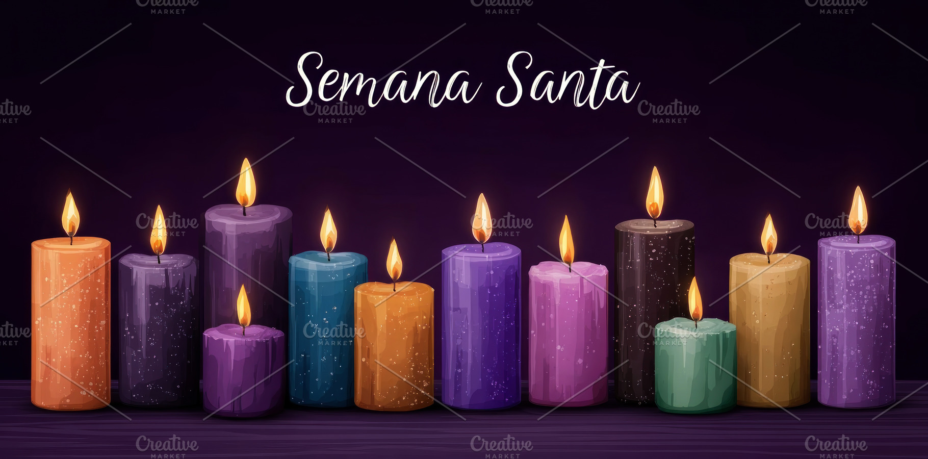 Semana Santa candles burning in colorful row on dark background, a Person Photo by José Manuel Gelpi