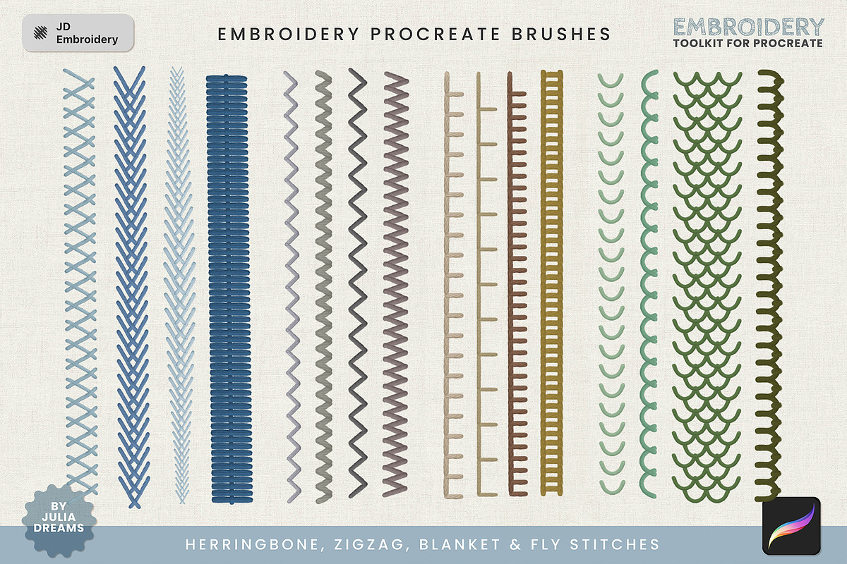Embroidery Toolkit Procreate Brushes, a Brush Add-On by Julia Dreams (Photo 5 of 9)