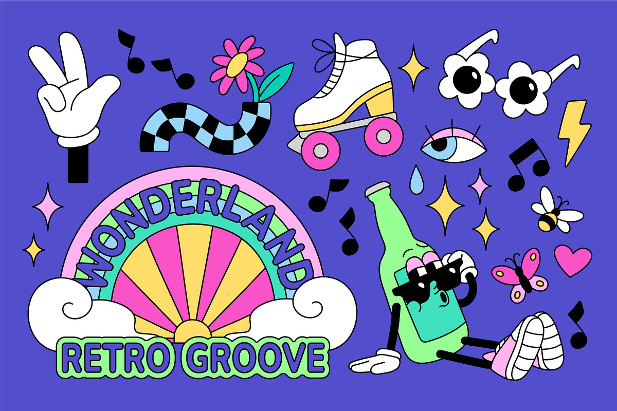 Retro stickers in groovy style set, a Decorative Illustration by PaperTrident (Photo 3 of 8)