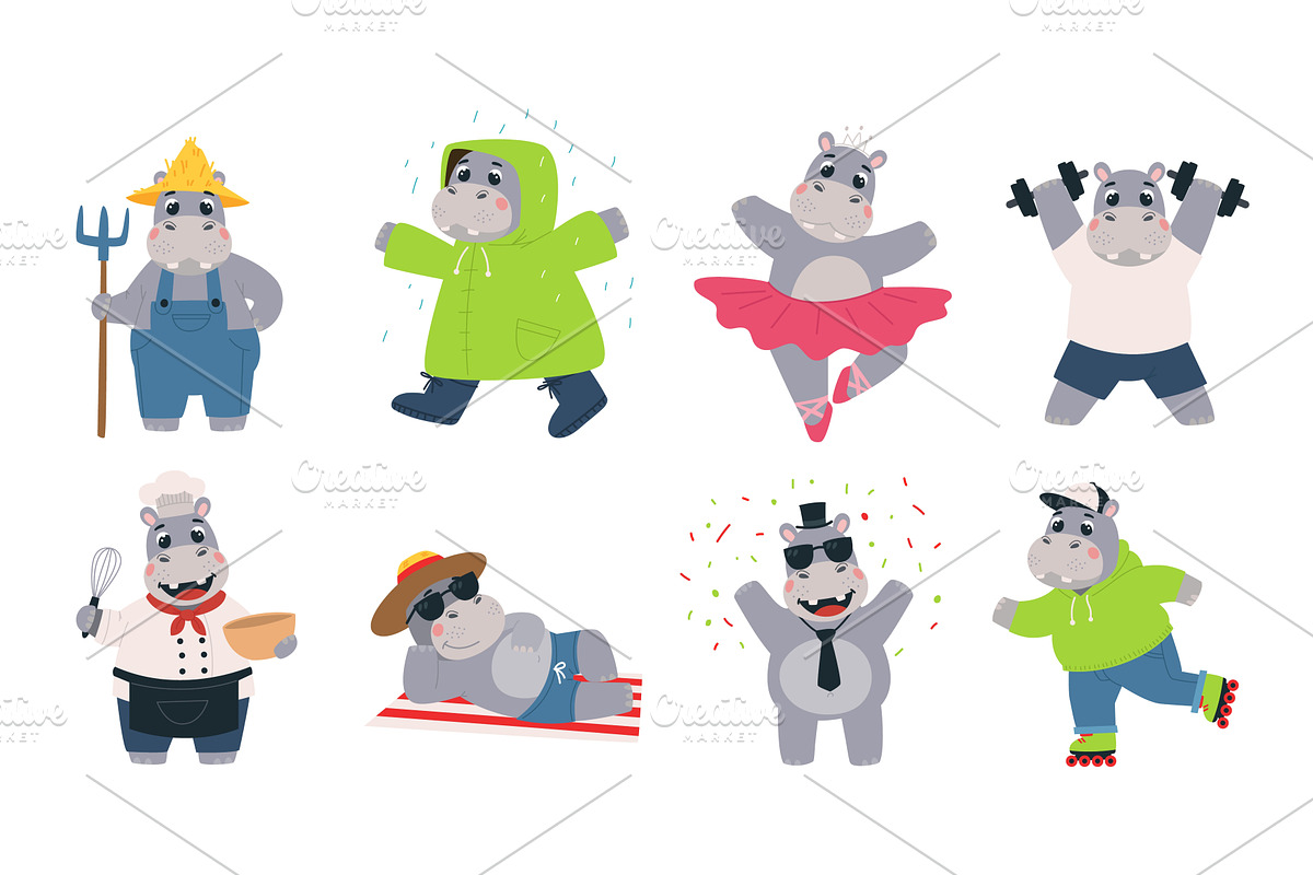 Funny hippo. Cute hippos various, an Animal Illustration by LadadikArt