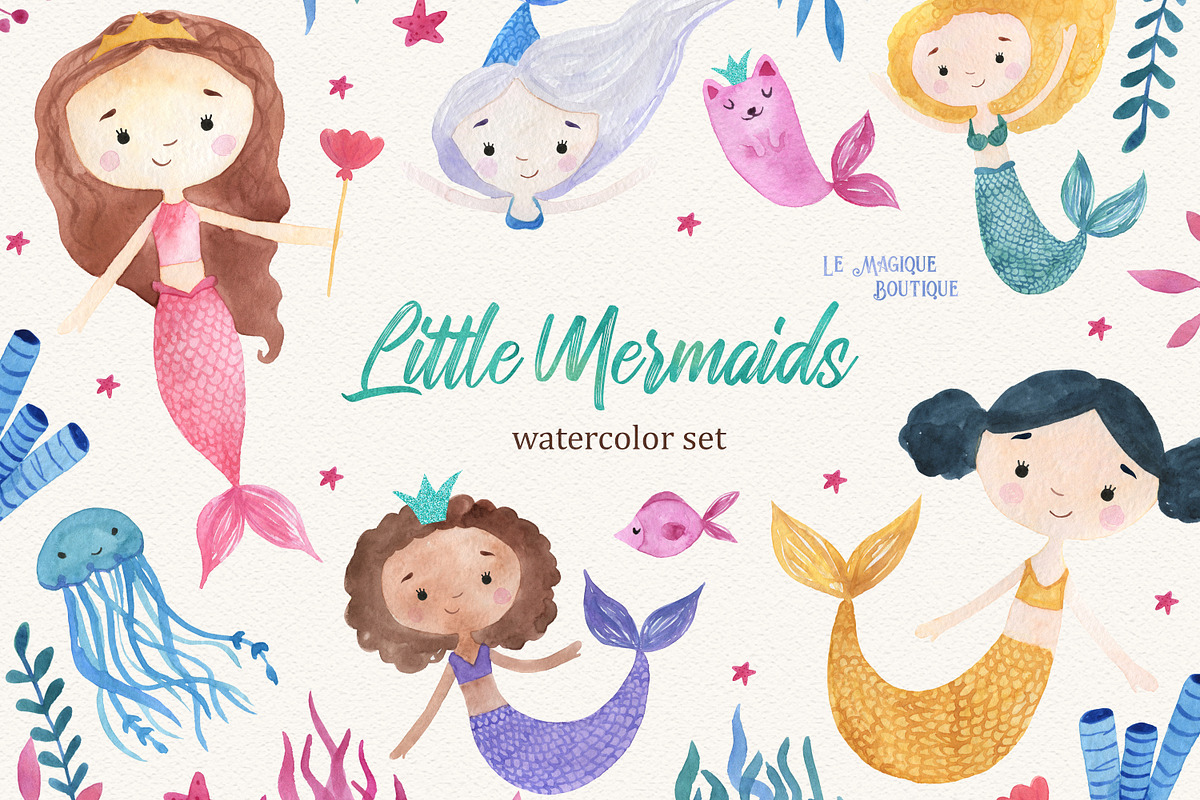 Watercolor Mermaids Clipart, an Animal Illustration by LeMagiqueBoutique (Photo 1 of 6)