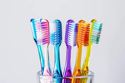 New toothbrushes in glass on white background, a Health & Medical Photo by AlyaAnd