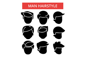 Man Hairstyle Illustration, Thin Line Icons, Linear Flat Signs, Vector Symbols, Outline Pictograms Set, Editable Strokes