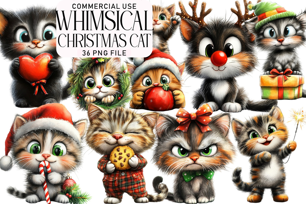 Whimsical Christmas Cat Clipart, an Illustration by Daily.Designs (Photo 1 of 5)