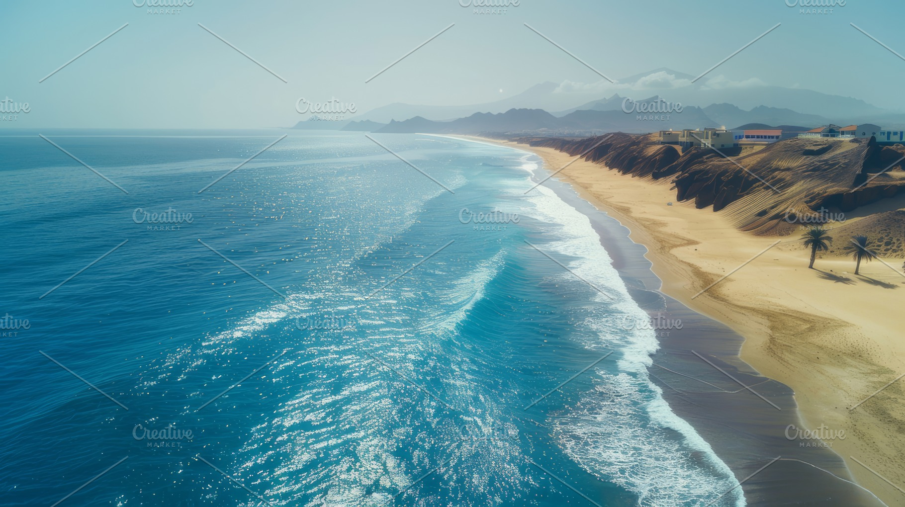 Serene Beach in Cabo Verde: A Sunlit Coastline with Sparkling Blue Waters and S, a Photo by AS photostudio