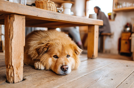 Dog resting peacefully at owner's feet in cozy wooden room during a relaxed aft, an Animal Photo by AlyaAnd