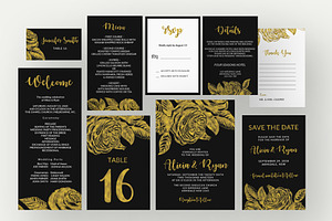 Gold roses flower black invitation