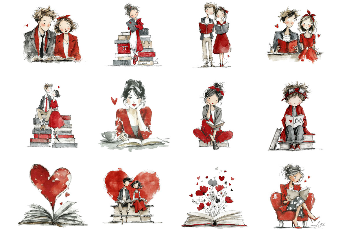 Valentine Book Lover Clipart Bundle, an Illustration by Designking (Photo 3 of 5)