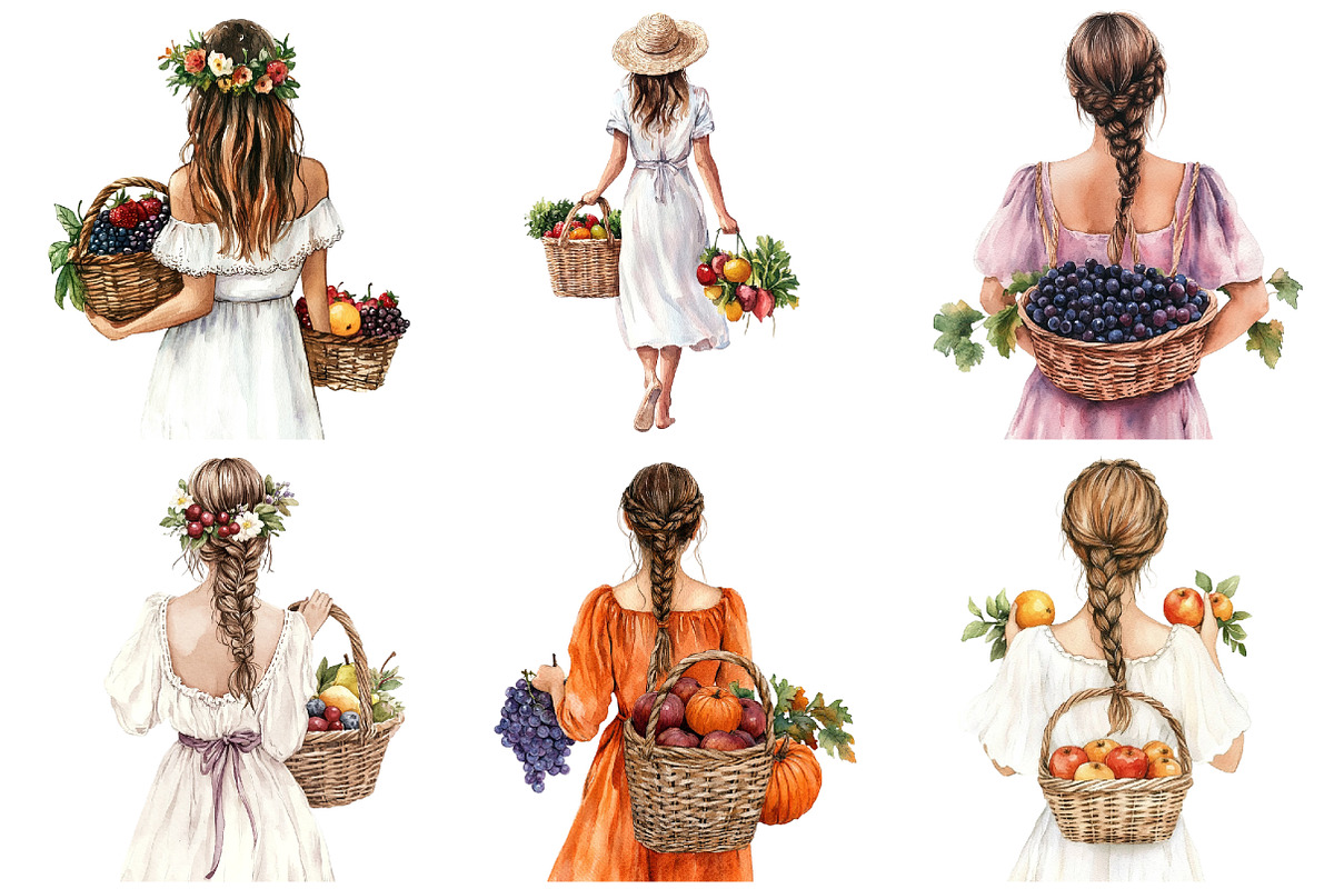 Watercolor Fruits Girl Clipart, a Seasonal Illustration by CitraGraphics (Photo 2 of 6)