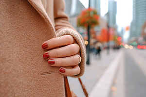 Female hand with five fingers showcasing red nail polish in urban setting, a Beauty & Fashion Photo by AlyaAnd