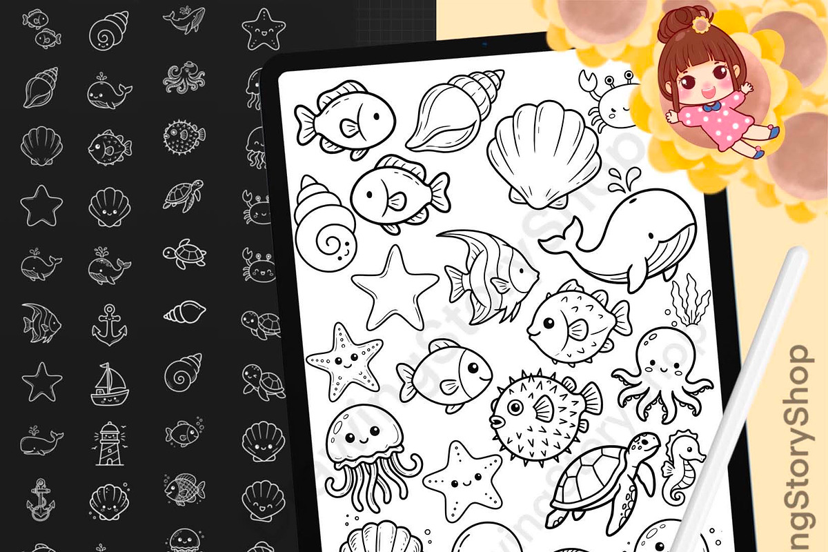 130 Ocean Animals Procreate Stamps, a Brush Add-On by DrawingStoryShop (Photo 1 of 6)