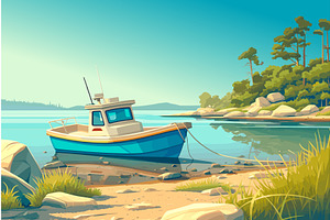 Cartoon bright fishing boat tied on, an Illustration by LadadikArt