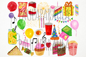 Watercolor Birthday Clipart, Party