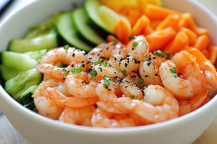 Healthy poke bowl with rice, vegetables and shrimps, a Food & Drink Photo by AlyaAnd