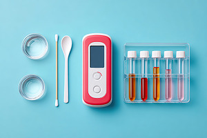 Compact AI diagnostic tool with testing equipment on blue background, a Photo by AlyaAnd