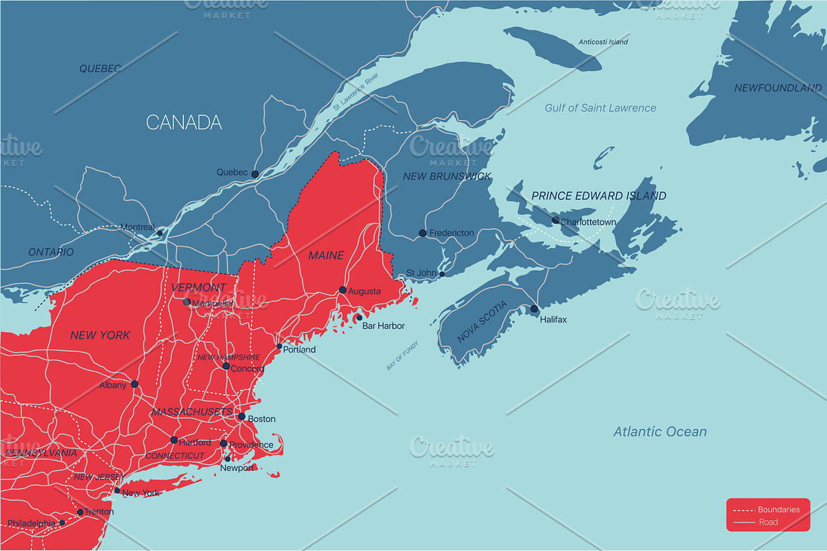 New England detailed editable map, an Illustration by Jan Jack Russo Media