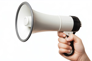 Hand holding megaphone on white, a Business Photo by MistyDay