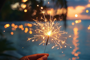 A close-up of a hand holding a sparkler at sunset by the beach, creating a magi, a Background Photo by ImageMir