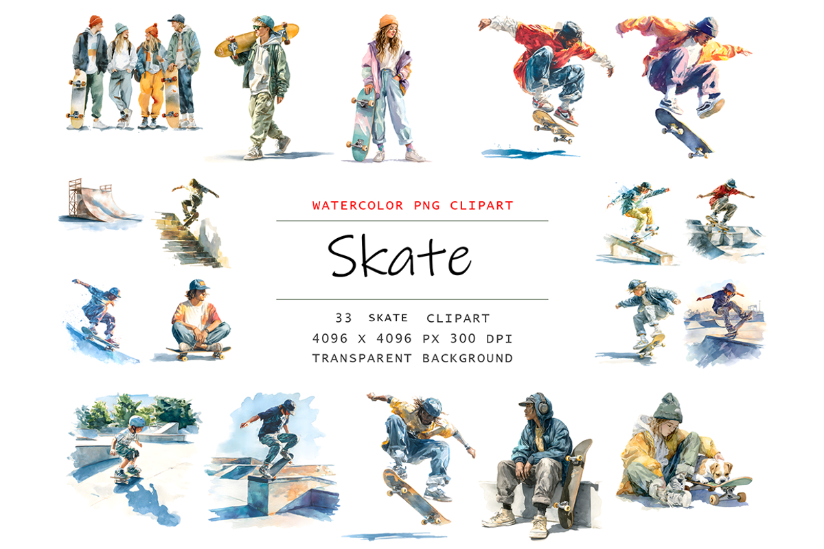 Watercolor Skate Clipart, a Decorative Illustration by stickermadness (Photo 1 of 4)