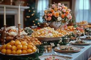 Festive banquet table with elaborate, a Photo by Tanuart