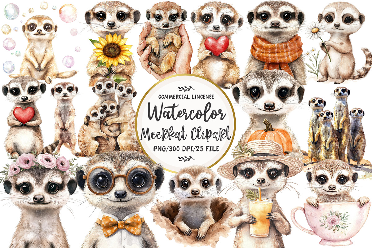 Watercolor Cute Meerkat Clipart, an Illustration by OK Design (Photo 1 of 5)