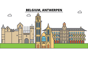 Belgium, Antwerpen. City Skyline, Architecture, Buildings, Streets, Silhouette, Landscape, Panorama, Landmarks. Editable Strokes. Flat Design Line Vec