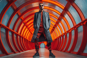 Stylish model poses in colorful, a Photo by Pavel_design