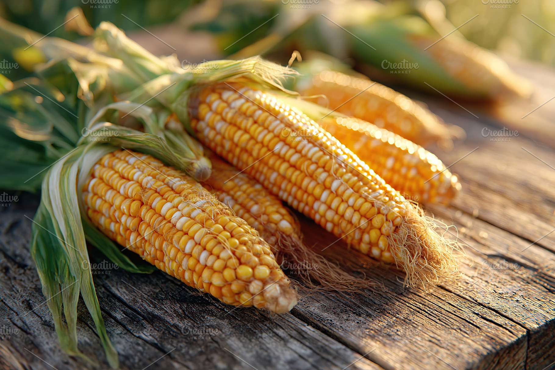 Sweet corn cobs with husks arranged on a rustic wooden surface during harvest s, a Food & Drink Photo by AlyaAnd