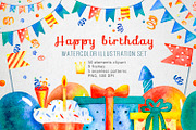 Happy birthday watercolor set, a Decorative Illustration by annasokol_ (Thumbnail 1 of 10)