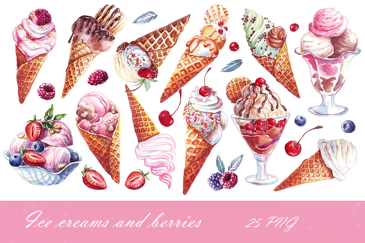 Watercolor ice creams, berries, PNG, a Food Illustration by Alena Kurian (Photo 2 of 2)