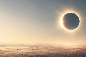 Solar eclipse over desert landscape,, a Photo by Dvoevnore photos