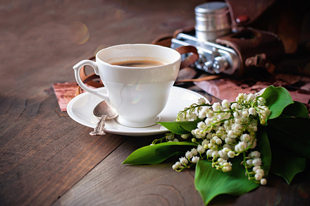Coffee, flowers & vintage camera