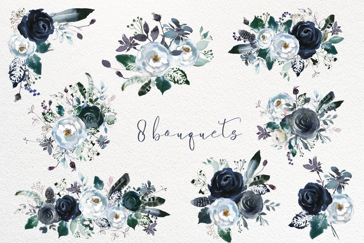 Boho Navy Peony Floral Clipart, a Decorative Illustration by whiteheartdesign (Photo 2 of 9)