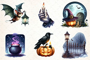 Watercolor Halloween Evening Clipart, an Illustration by DreamCafeArt (Thumbnail 2 of 7)