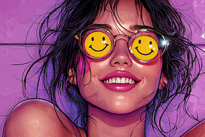 Colorful Portrait Of A Young Woman With Smiley Face Sunglasses