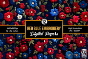 Red Blue Floral Embroidery Pattern, a Pattern Graphic by Creative Store (Thumbnail 1 of 5)