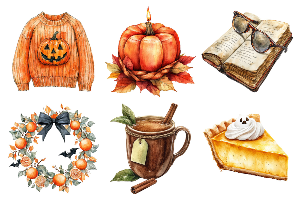 Watercolor Cozy Halloween Clipart, an Illustration by Daily.Designs (Photo 2 of 5)