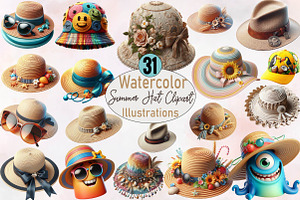 Watercolor Summer Hat Clipart Bund, an Illustration by SVGArt