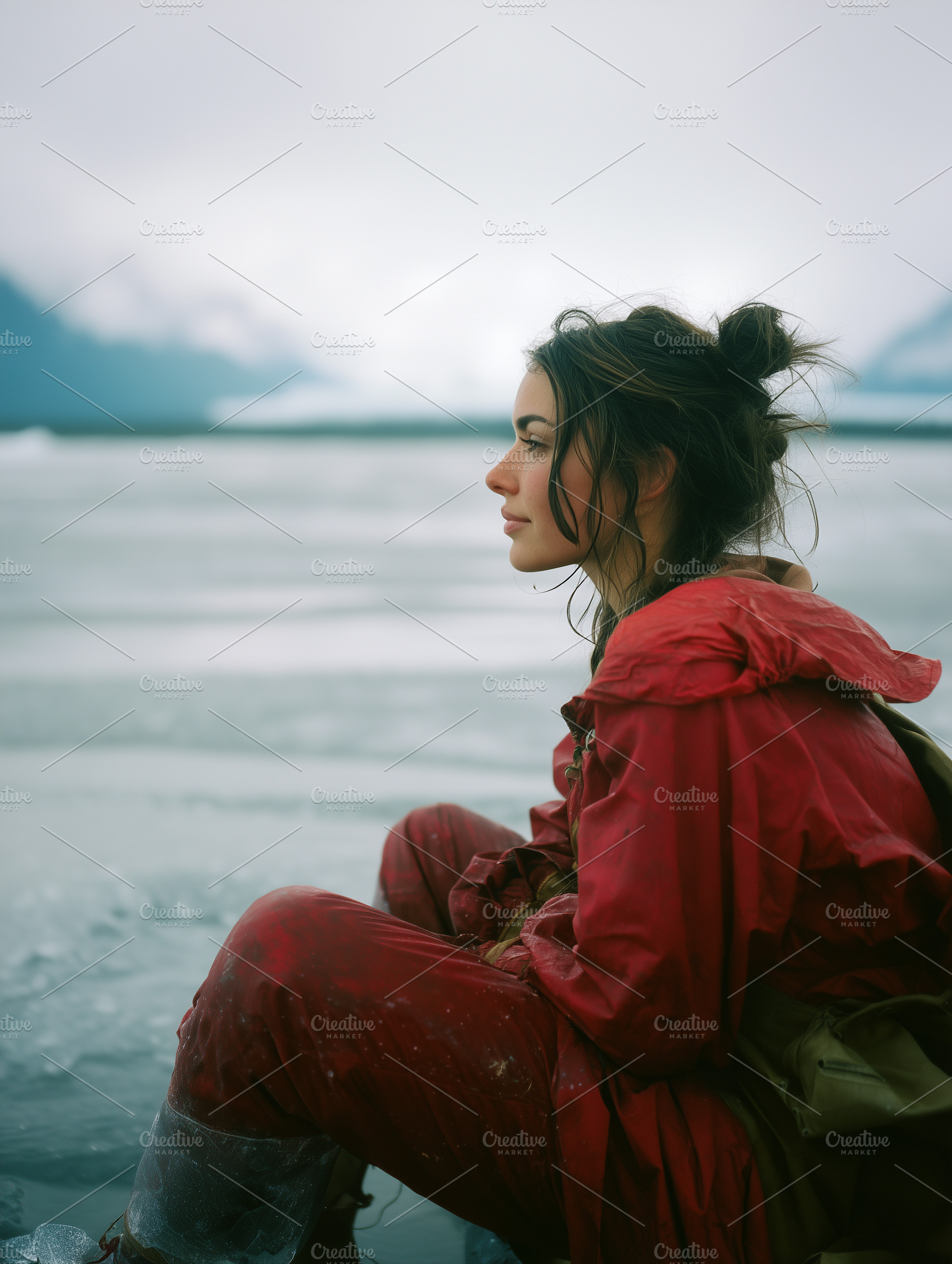 Woman in Outdoor Gear at Snowy Lake, a Person Photo by k.tay