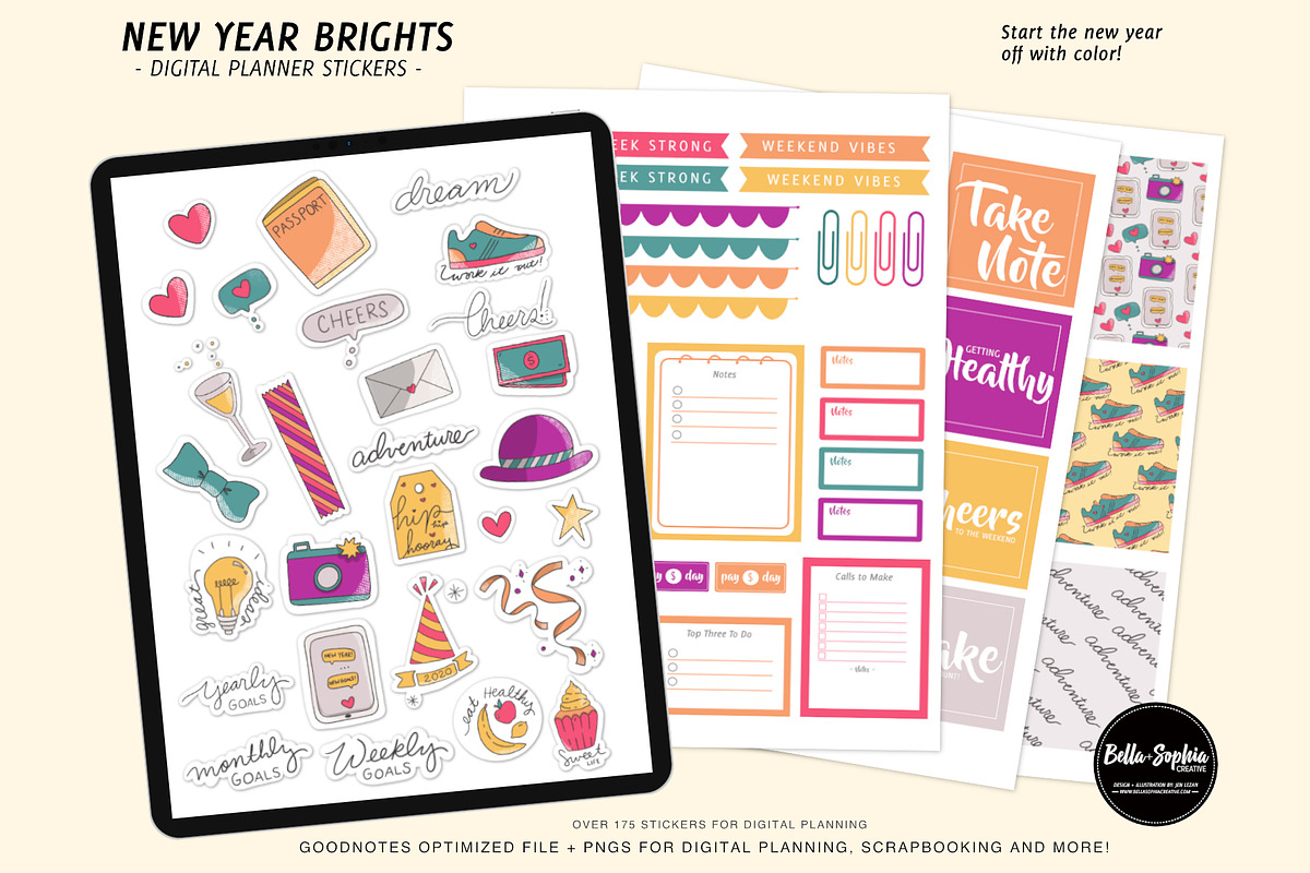 New Year Digital Planner Stickers, a Stationery Template by Bella+Sophia Creative (Photo 1 of 6)